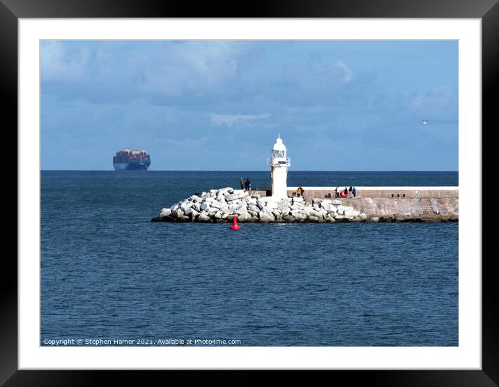 Brixham Breakwater with passing Container Ship Framed Mounted Print by Stephen Hamer