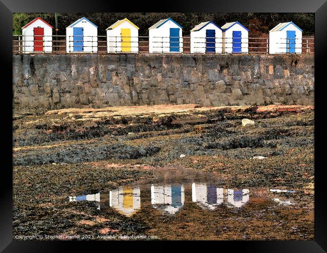 colorful Beach Huts and their reflections Framed Print by Stephen Hamer