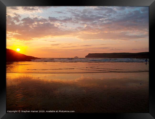 Sunset over Polzeath beach Framed Print by Stephen Hamer