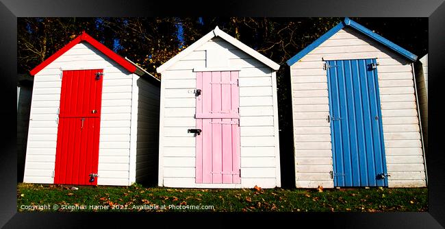 Three Beach Huts Framed Print by Stephen Hamer