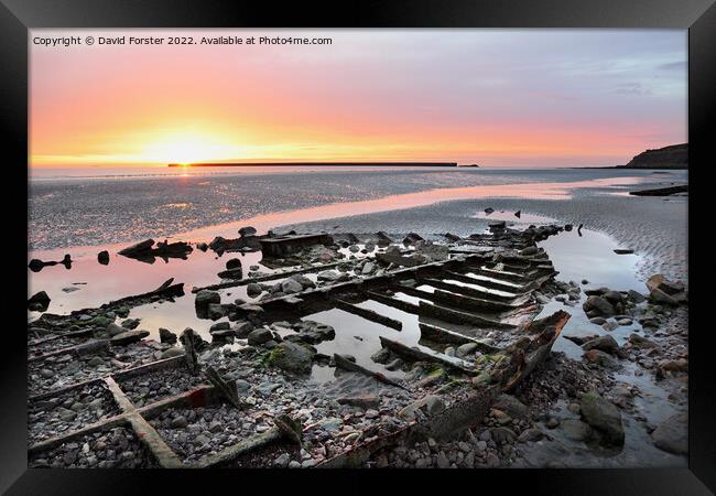Sunset and Shipwreck on Beach at Boulogne-sur-Mer, France Framed Print by David Forster