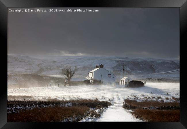 Dales Farm With Wind Blown Snow  Framed Print by David Forster