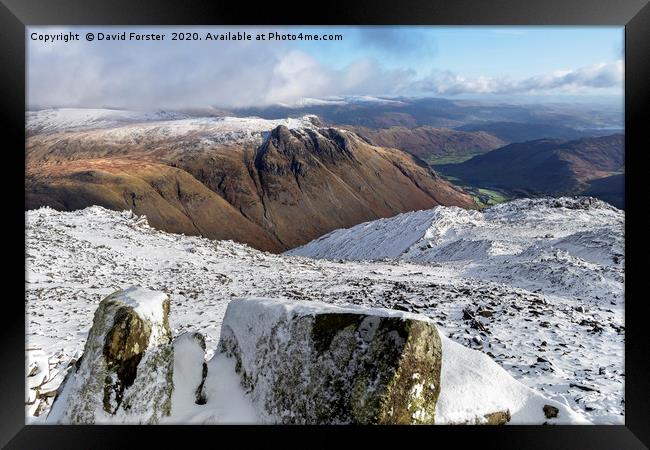 The Langdale Pikes from Bowfell in Winter, Lake Di Framed Print by David Forster