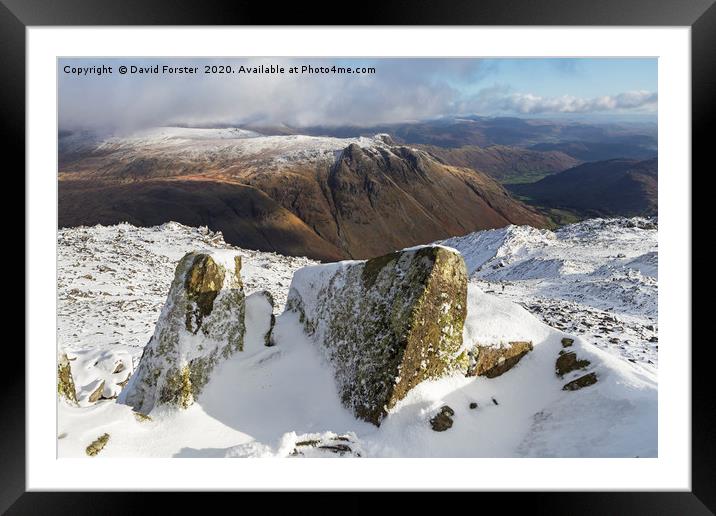The Langdale Pikes from the Summit of  Bowfell, La Framed Mounted Print by David Forster