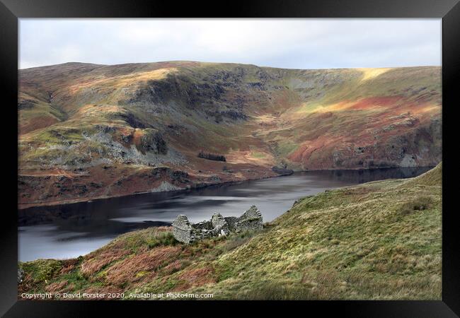 Ruin with Light Raking the Fells above Haweswater, Lake District Framed Print by David Forster