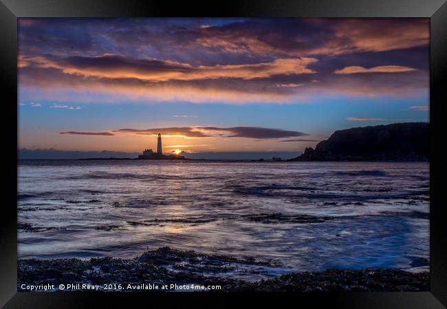 St Mary`s island at sunrise Framed Print by Phil Reay