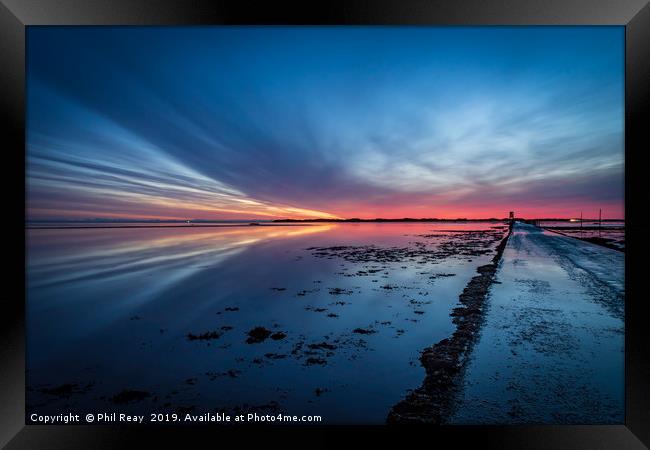Sunrise at Holy Island causeway Framed Print by Phil Reay