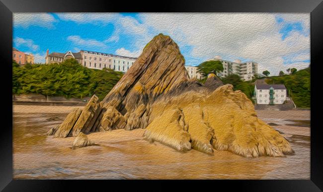 Tenby and the Goscar Rock. (In digital oil paint)  Framed Print by Michael South Photography
