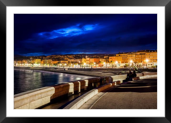 City Skyline of Nice in France at Night Framed Mounted Print by Artur Bogacki