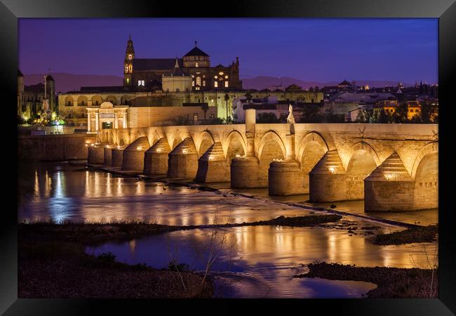 Bridge and Mosque Cathedral of Cordoba at Night Framed Print by Artur Bogacki