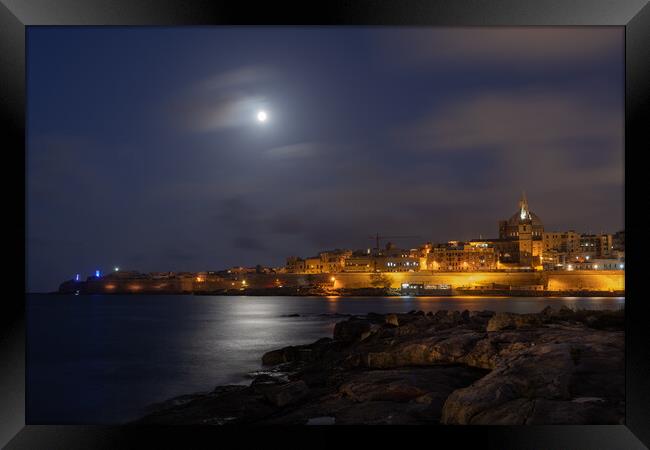 Valletta Skyline From Manoel Island At Night Framed Print by Artur Bogacki
