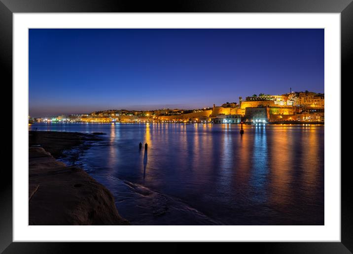 Valletta Night City Skyline Sea View In Malta Framed Mounted Print by Artur Bogacki