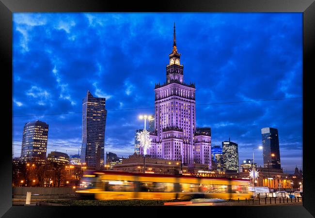 Warsaw City Centre in Poland at Evening Twilight Framed Print by Artur Bogacki