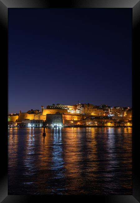 City Of Valletta Night Sea View In Malta Framed Print by Artur Bogacki