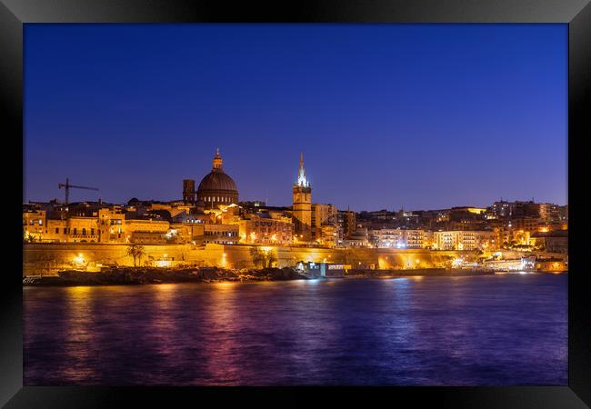Valletta City Skyline At Night In Malta Framed Print by Artur Bogacki