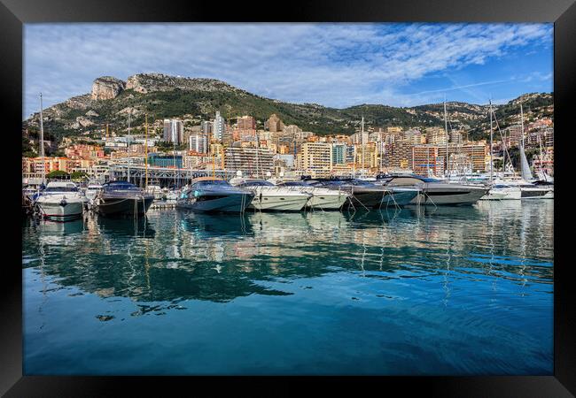 Monaco Principality Yacht Harbour And City Skyline Framed Print by Artur Bogacki