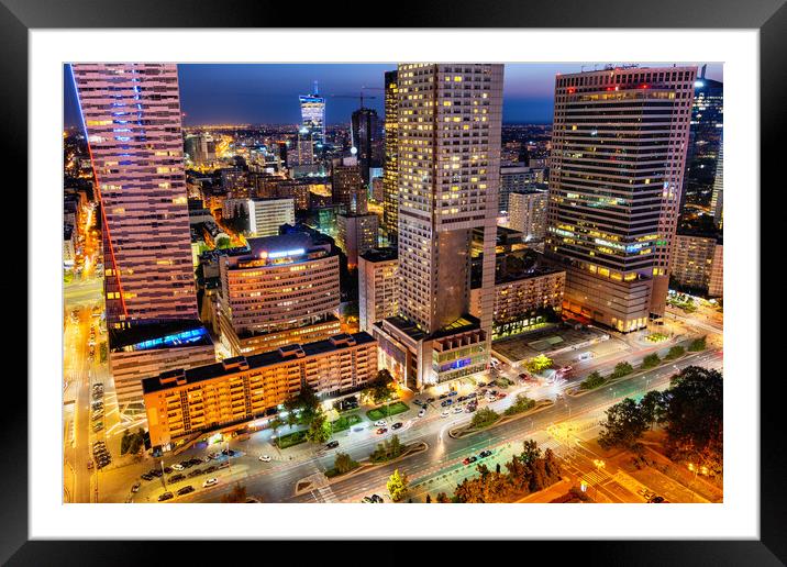 City Downtown Of Warsaw At Night Framed Mounted Print by Artur Bogacki