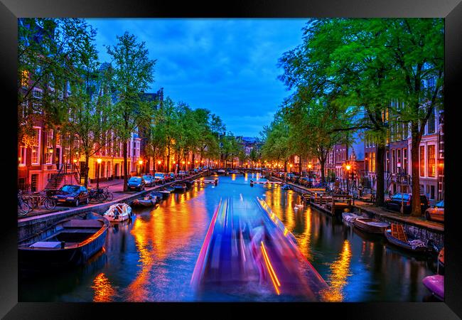 City Lights In Amsterdam Canal At Dusk Framed Print by Artur Bogacki