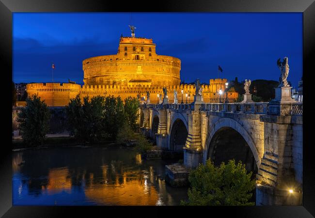 Castle and Bridge in Rome at Night Framed Print by Artur Bogacki