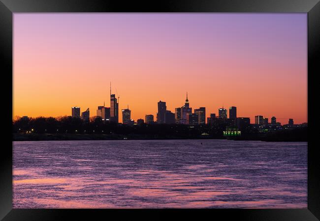 Warsaw City River View Skyline At Dusk Framed Print by Artur Bogacki