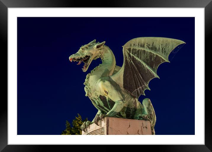 Dragon Statue At Night In Ljubljana Framed Mounted Print by Artur Bogacki