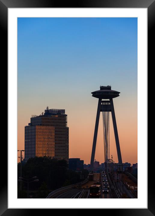 Most SNP and Aupark Tower in Bratislava at Sunset Framed Mounted Print by Artur Bogacki