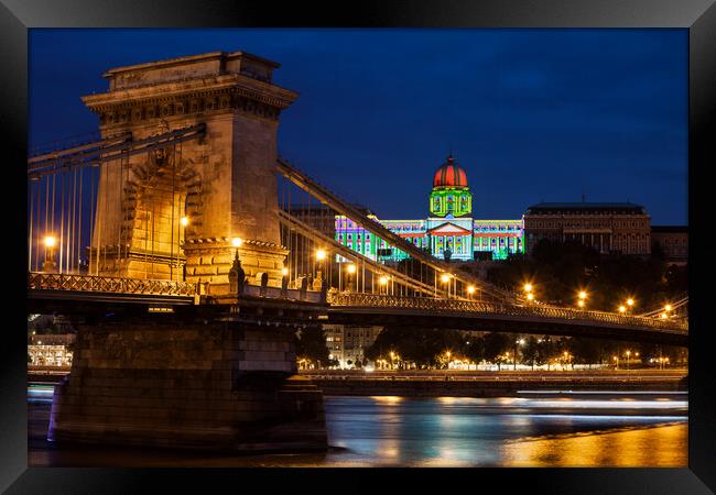 Chain Bridge and Buda Castle in Budapest at Night Framed Print by Artur Bogacki