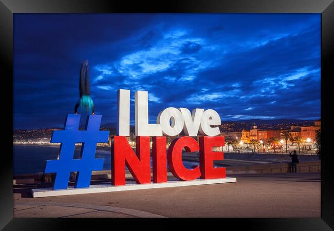 I Love Nice Sign in Nice City at Night Framed Print by Artur Bogacki
