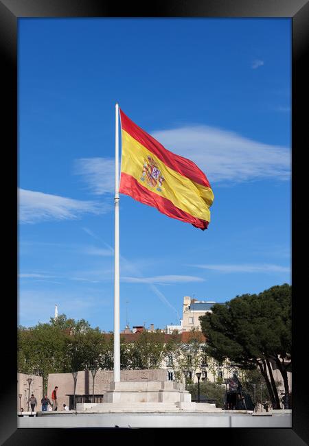 National Flag of Spain at Plaza de Colon in Madrid Framed Print by Artur Bogacki