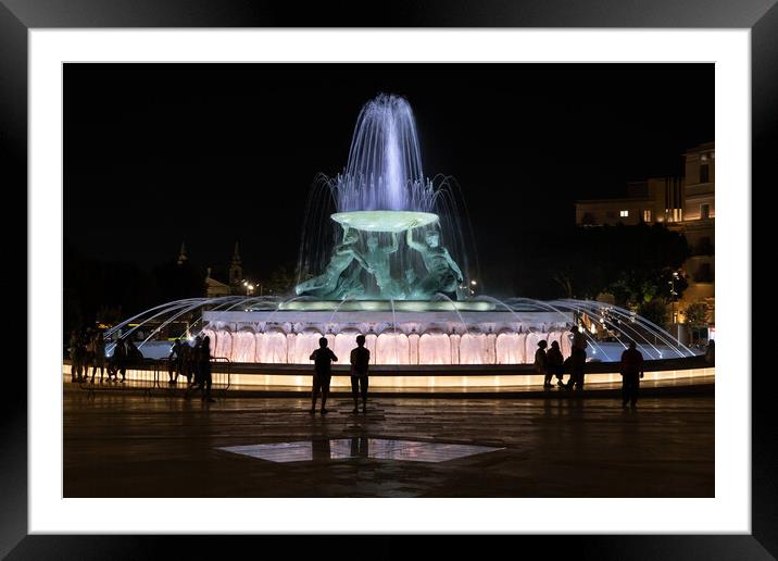 Triton Fountain Illuminated at Night in Valletta Framed Mounted Print by Artur Bogacki