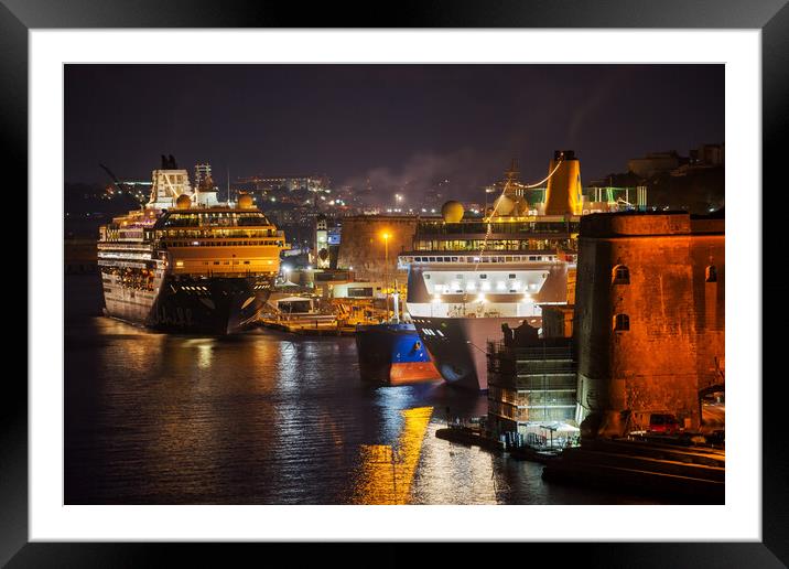 Cruise Ships in Grand Harbour at Night in Malta Framed Mounted Print by Artur Bogacki
