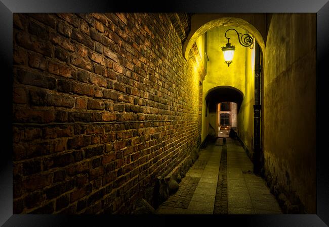 Narrow Alley At Night In Old Town In Warsaw Framed Print by Artur Bogacki