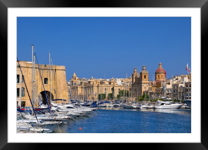 Birgu Skyline And Vittoriosa Yacht Marina In Malta Framed Mounted Print by Artur Bogacki