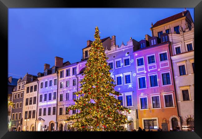 Christmas Tree And Old Town Houses In Warsaw Framed Print by Artur Bogacki