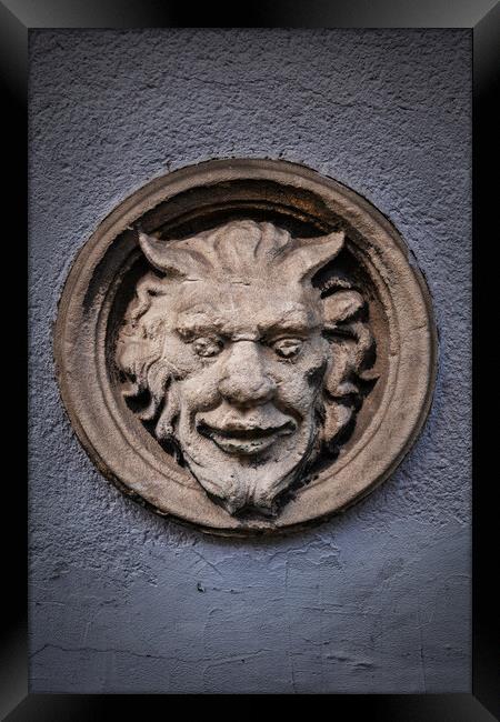 Devil Face With Evil Smile Old Relief Framed Print by Artur Bogacki