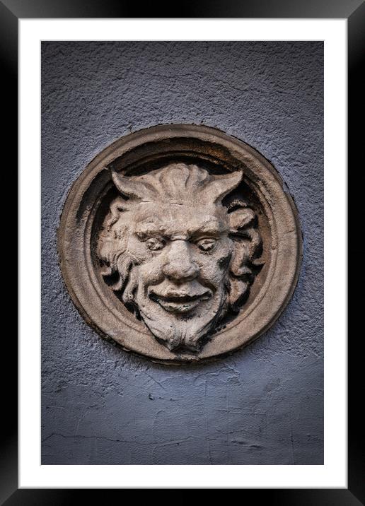Devil Face With Evil Smile Old Relief Framed Mounted Print by Artur Bogacki