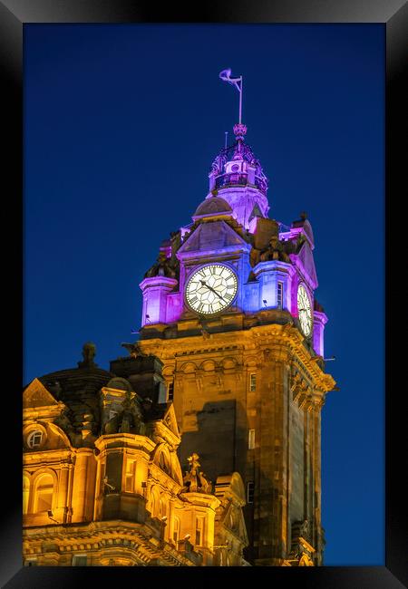 Balmoral Hotel Clock Tower At Night In Edinburgh Framed Print by Artur Bogacki