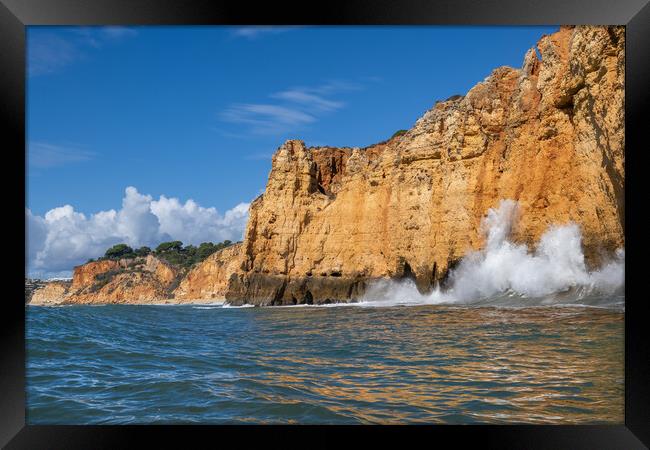 Ocean Waves Crashing Against Cliff In Algarve, Portugal Framed Print by Artur Bogacki