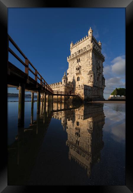 Belem Tower With Mirror Reflection In Water Framed Print by Artur Bogacki