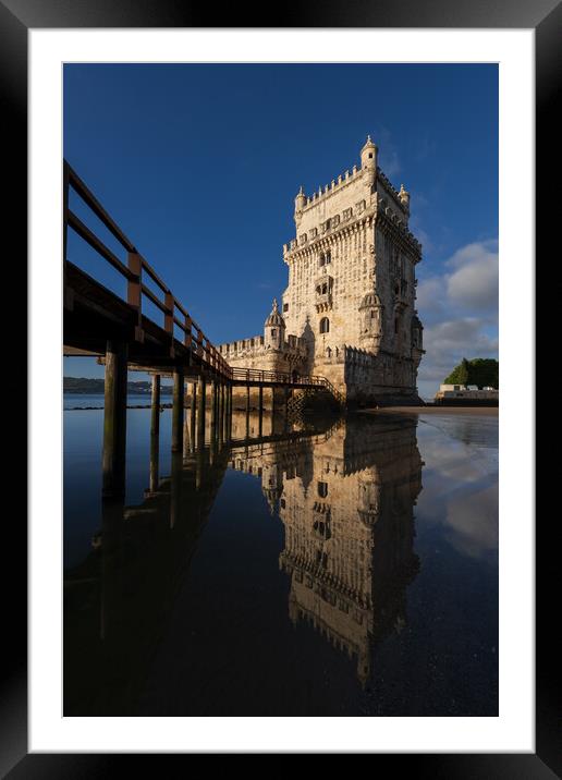 Belem Tower With Mirror Reflection In Water Framed Mounted Print by Artur Bogacki