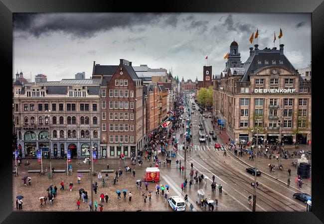 Dam Square and Damrak Street in City Center of Amsterdam Framed Print by Artur Bogacki
