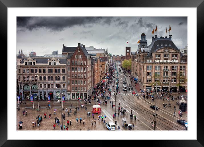 Dam Square and Damrak Street in City Center of Amsterdam Framed Mounted Print by Artur Bogacki