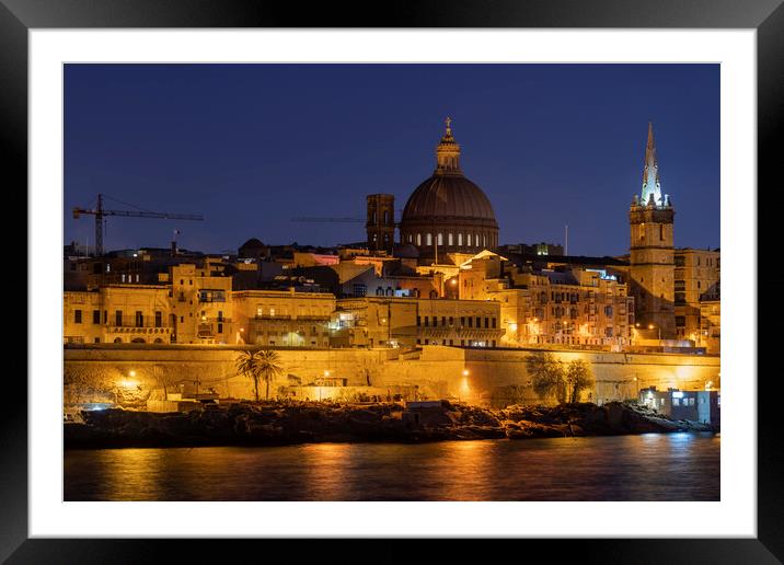 City Skyline of Valletta in Malta at Night Framed Mounted Print by Artur Bogacki