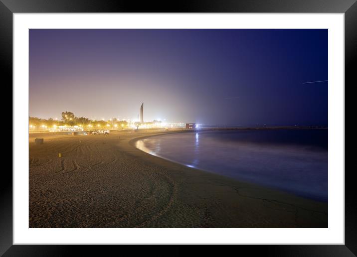 Icaria Beach in Barcelona at Night Framed Mounted Print by Artur Bogacki