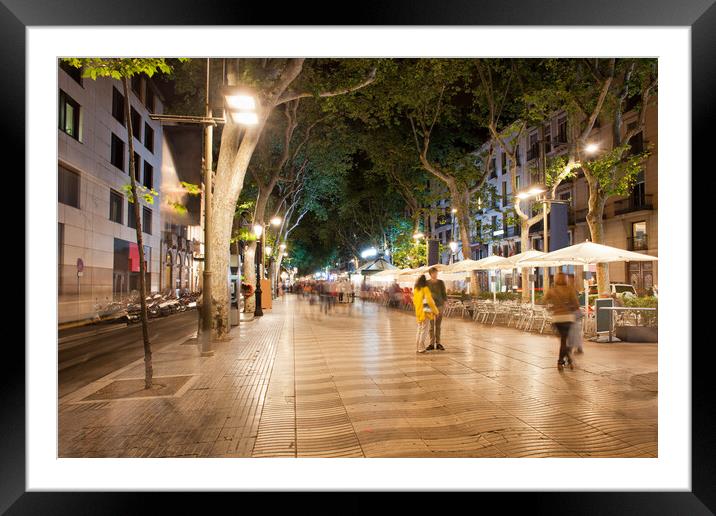 La Rambla at Night in Barcelona Framed Mounted Print by Artur Bogacki