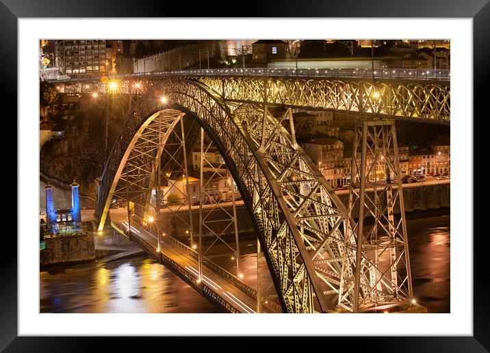 Dom Luis I Bridge In Porto By Night Framed Mounted Print by Artur Bogacki