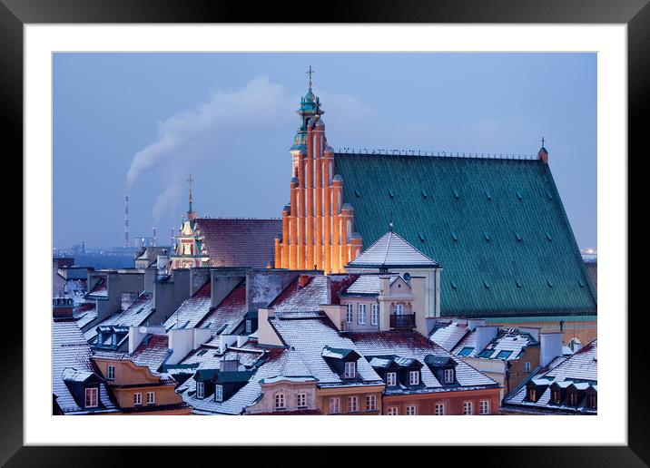 Old Town of Warsaw Snowy Roofs in Winter Framed Mounted Print by Artur Bogacki