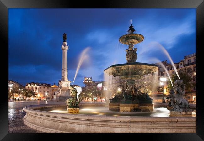 Fountain on Rossio Square in Lisbon by Night Framed Print by Artur Bogacki