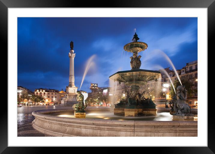 Fountain on Rossio Square in Lisbon by Night Framed Mounted Print by Artur Bogacki