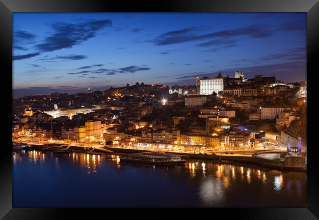 City of Porto Night Cityscape in Portugal Framed Print by Artur Bogacki